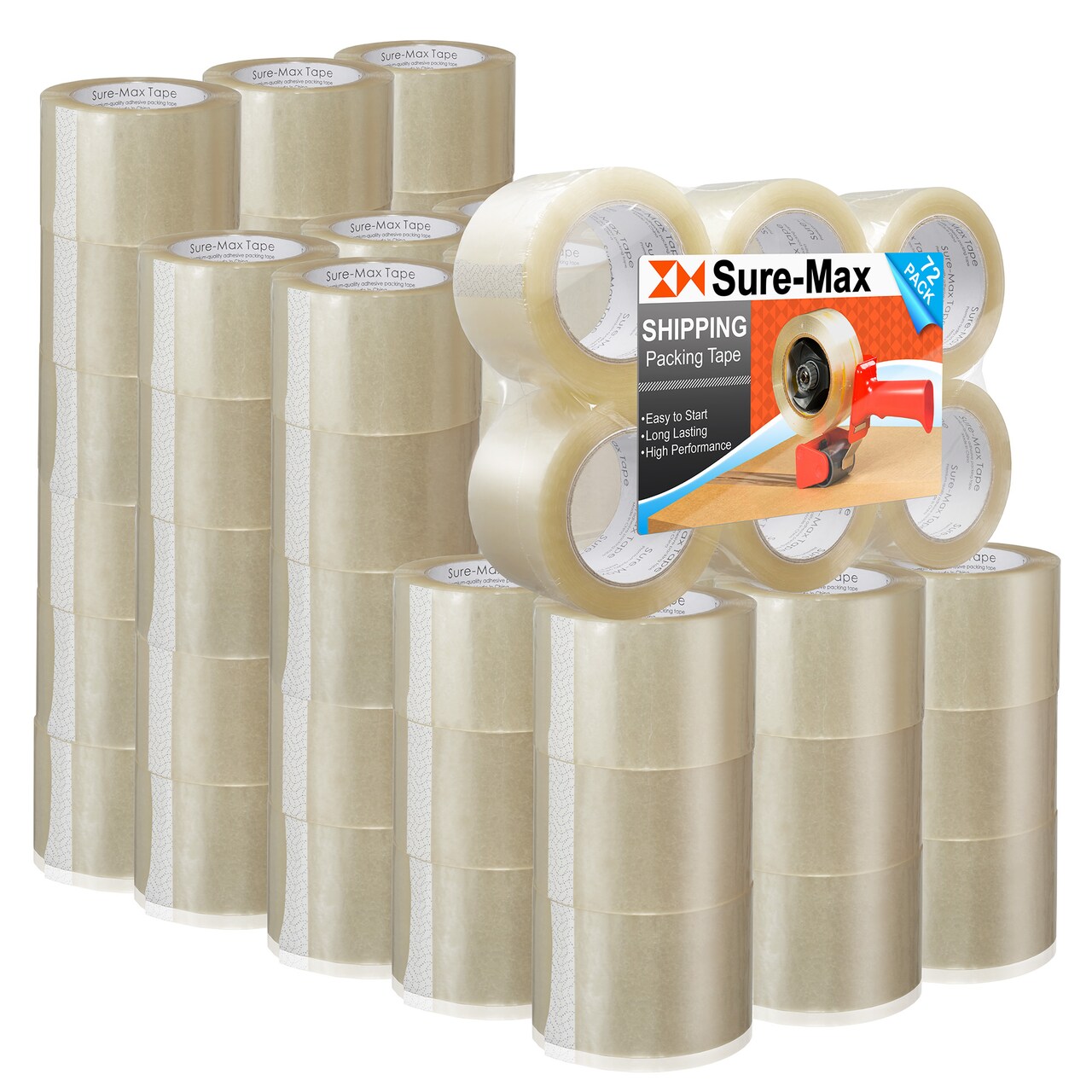 Sure-Max 72 Rolls Extra-Wide Shipping & Packing Tape (3" x 110 yard/330' each) - Moving & Adhesive Carton Sealing - 2.0mil Clear